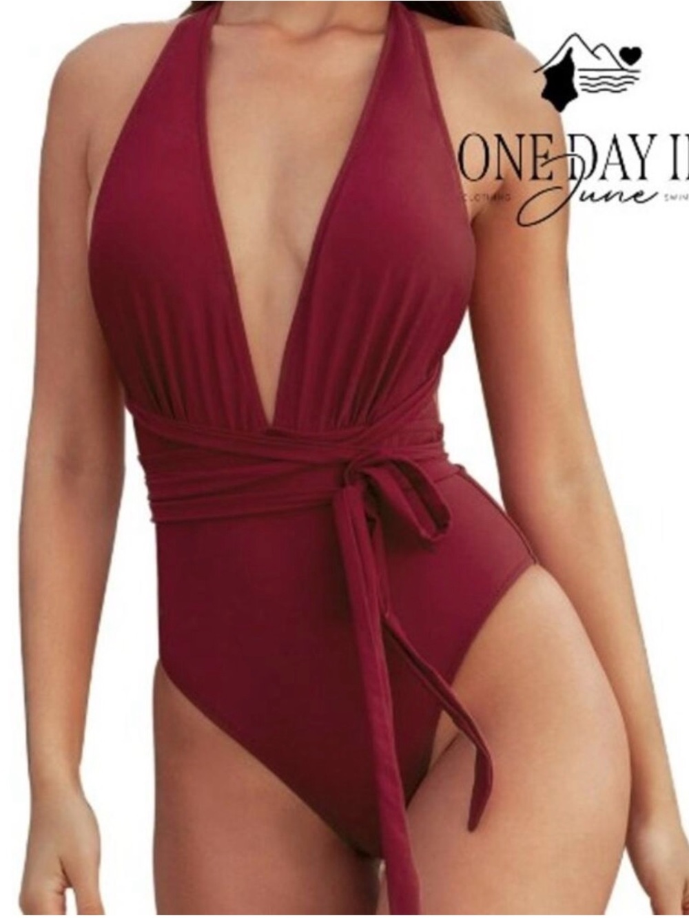 Cupshe Burgundy Plunge Halter One-Piece Swimsuit